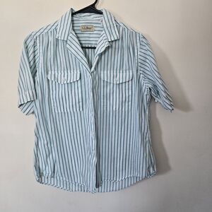 L.L. Bean White Button-Up Shirt with Teal Stripes